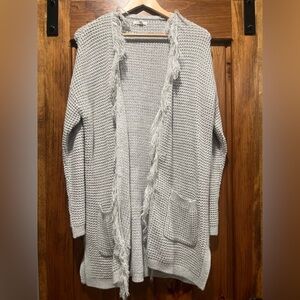 Maurices Light Gray Fringe Open-Front Oversized Knit Cardigan